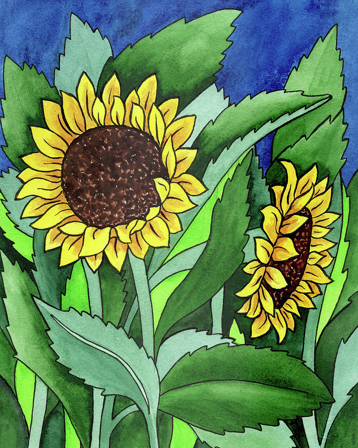 Two Happy Sunflowers Flowers In Batik Watercolor Style Painting by Irina Sztukowski