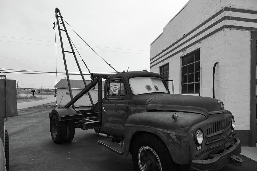 Tow Mater on Route 66 in Galena Kansas in black and white Photograph by Eldon McGraw