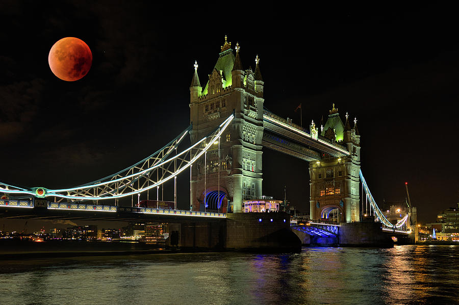Tower Bridge and Red Moon Photograph by Angelo DeVal