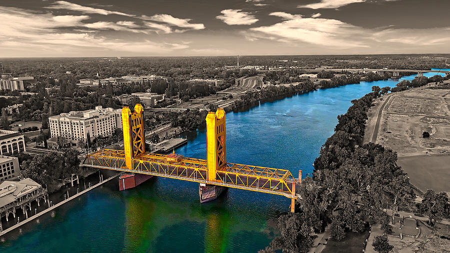Tower Bridge over Sacramento River - Black and white, with the river and the bridge isolated Digital Art by Nicko Prints