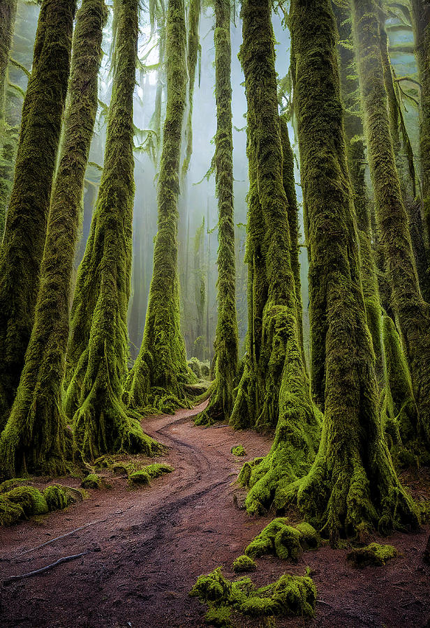 Towering Moss-Covered Trees Trail Digital Art by Billy Bateman
