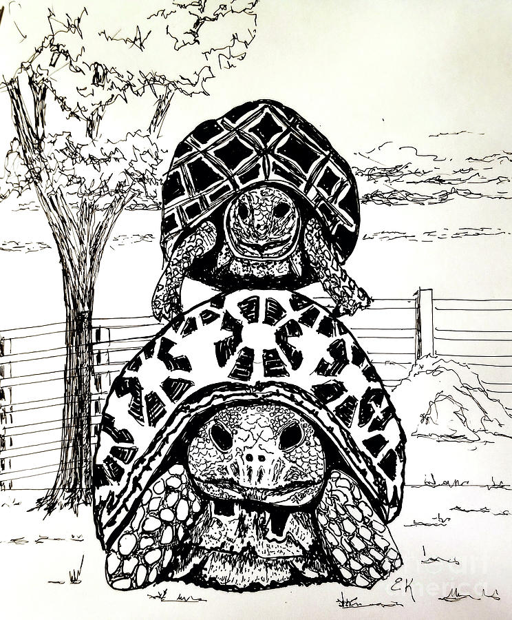 Towering turtles Drawing by Eileen Kelly