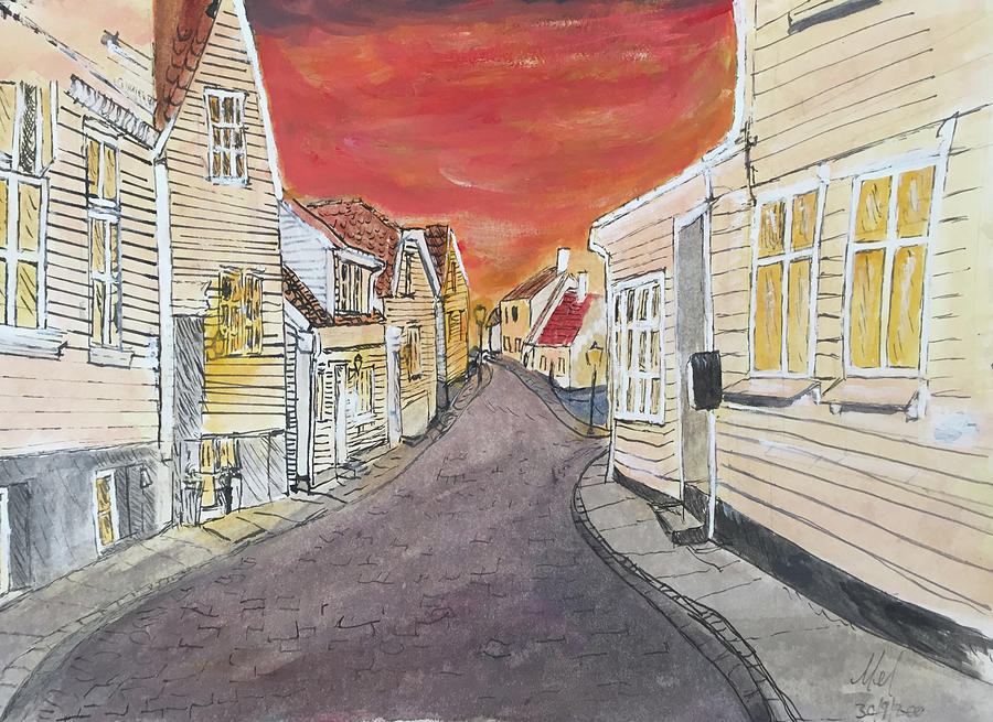 Town At Sunset. Painting
