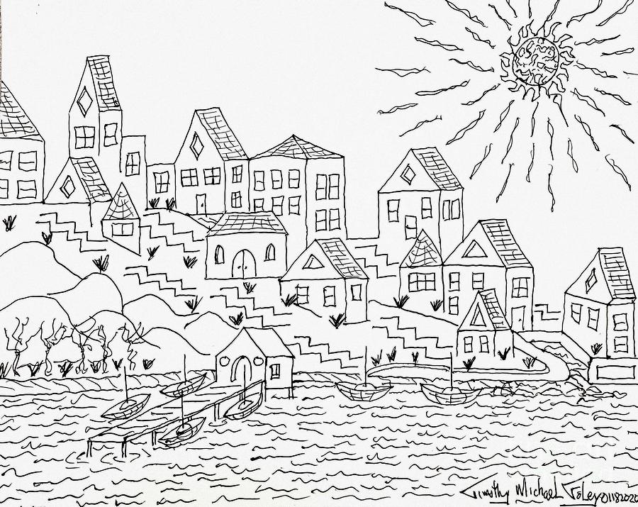 Town By the Waterside Drawing by Timothy Foley - Pixels