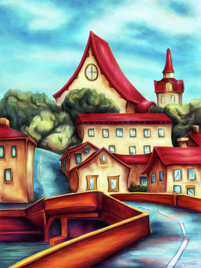 Town landscape painting, bright landscape Painting by Nadia CHEVREL