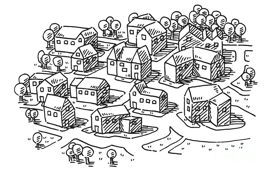Black And White Drawing - Town Neighborhood Drawing by Frank Ramspott