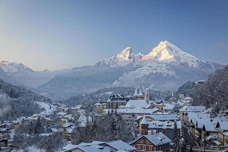 Town of Berchtesgaden with Watzmann in winter at sunrise, Bavaria, Germany Photograph by DieterMeyrl