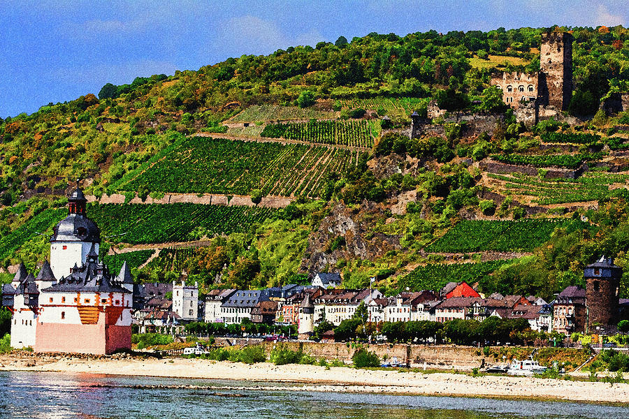 Town of Kaub in the Rhine River Gorge, Watercolor on Sandstone Digital Art by Ron Long Ltd Photography