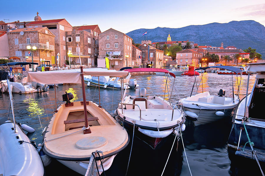 Town of Korcula coastline and harbor colorful dusk view, Photograph by Brch Photography