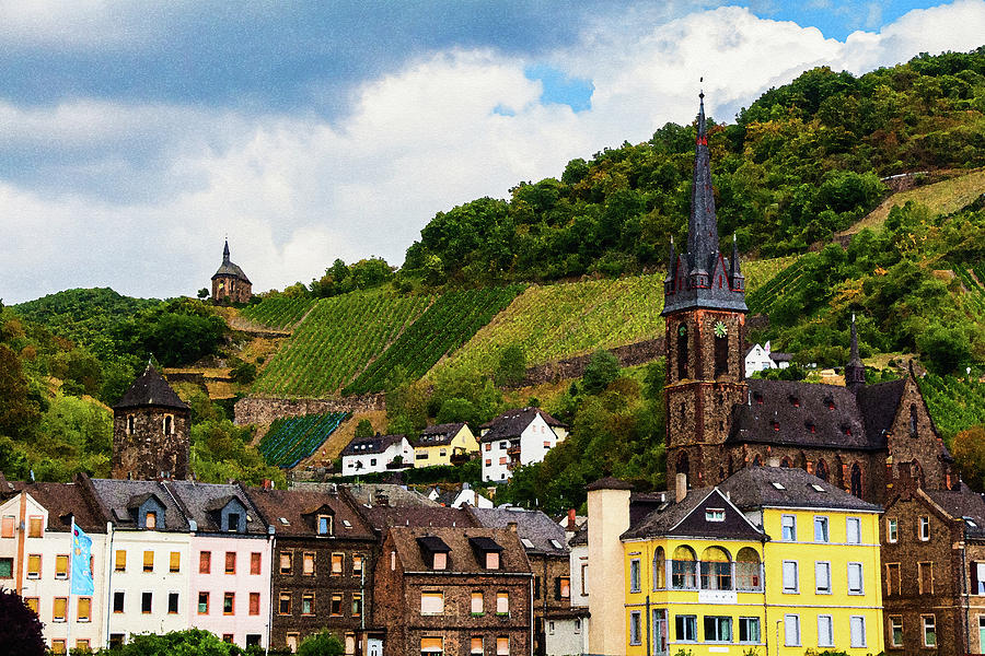 Town of Lorchhausen in Rhine River Gorge, Watercolor on Sandstone Digital Art by Ron Long Ltd Photography