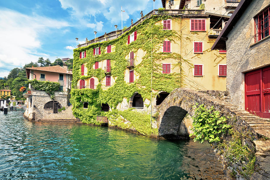 Town of Nesso historic stone bridge and waterfront on Como Lake ...