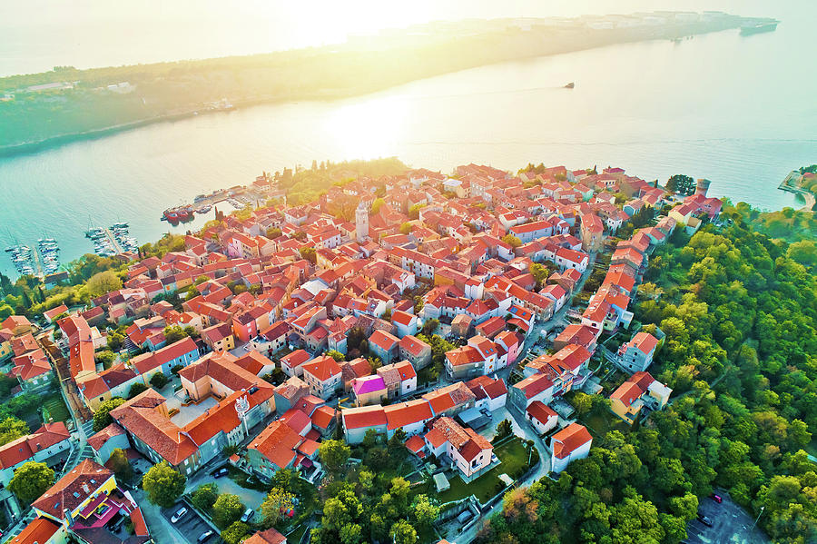 Town of Omisalj on Krk island aerial epic sunset view Photograph by Brch Photography