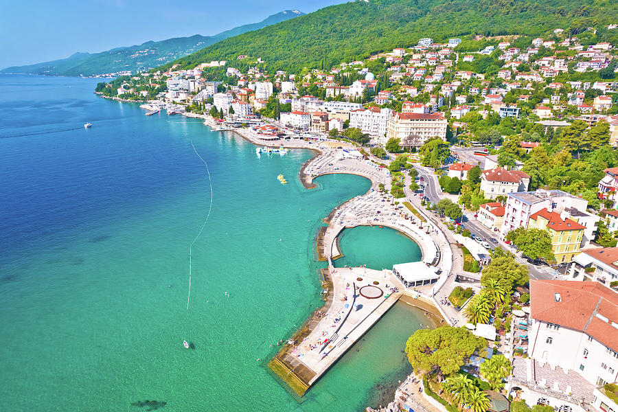 Town of Opatija and Slatina beach and waterfront aerial view Photograph by Brch Photography