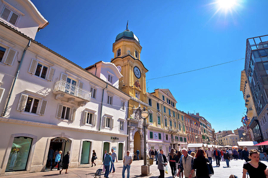 Town of Rijeka main square and clock tower view. European capita Photograph by Brch Photography