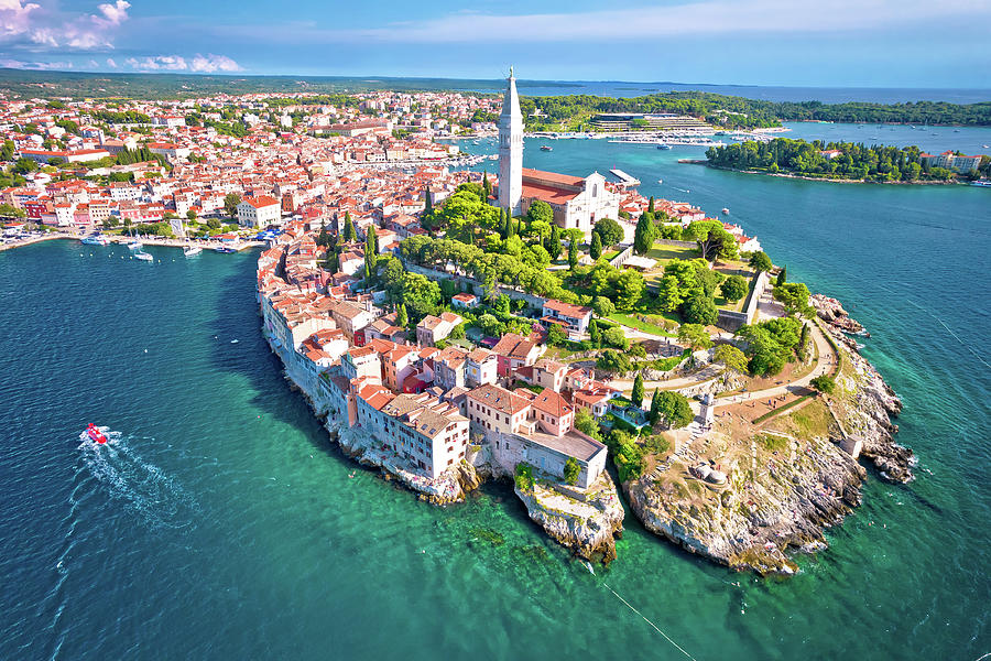 Town of Rovinj historic peninsula aerial view, famous tourist de Photograph by Brch Photography