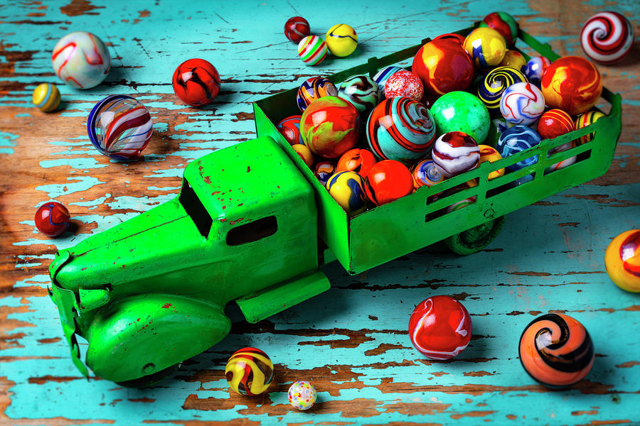 Toy Photograph - Toy Green  Truck And Colorful Marbles by Garry Gay