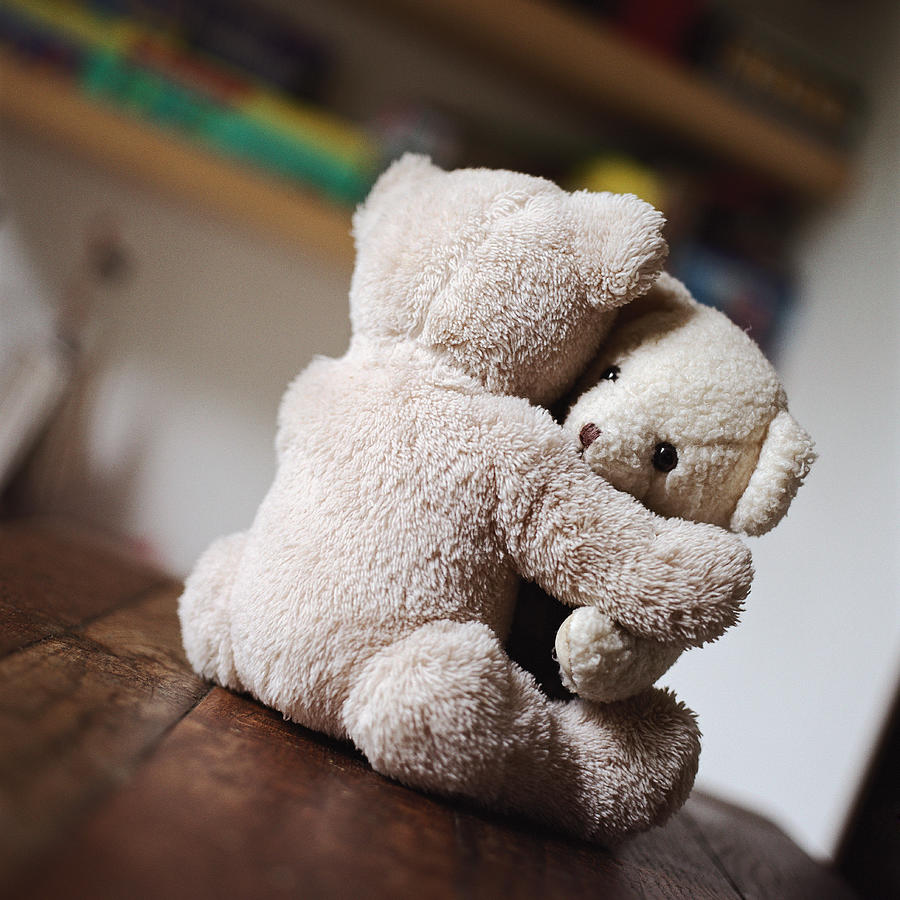 Toy teddy bears hugging on table. Photograph by Christian Zachariasen