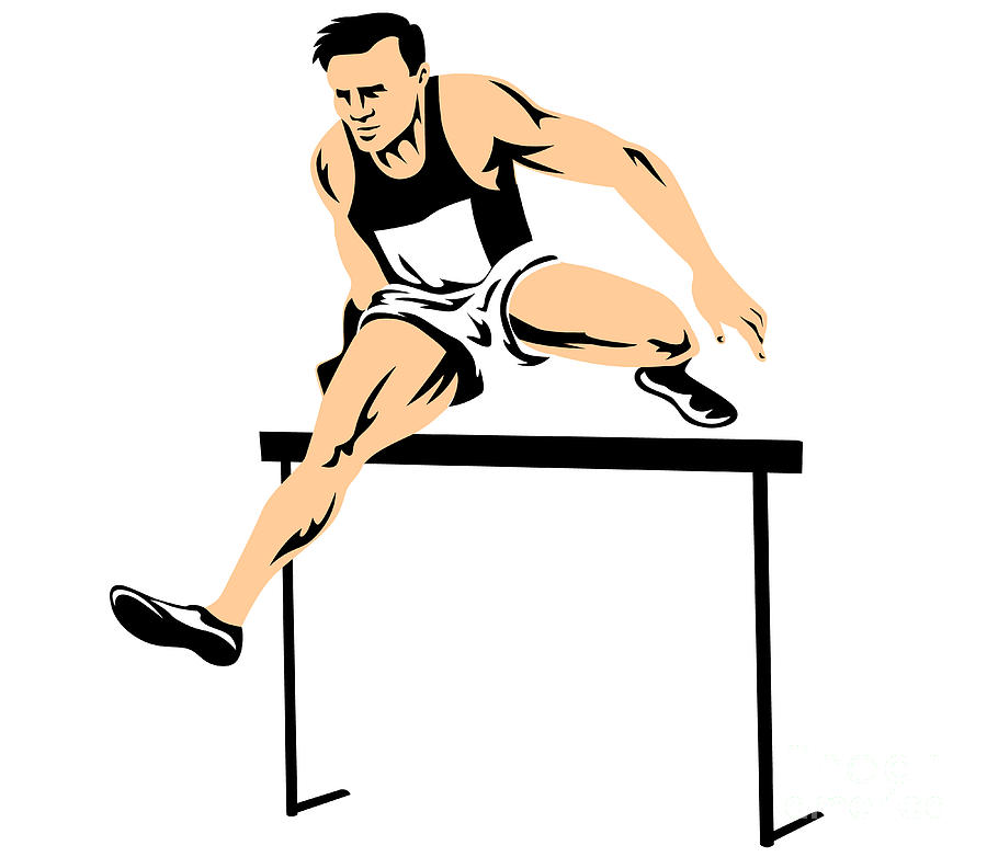 Track and Field Athlete Jumping the Hurdles Front Isolated Retro ...