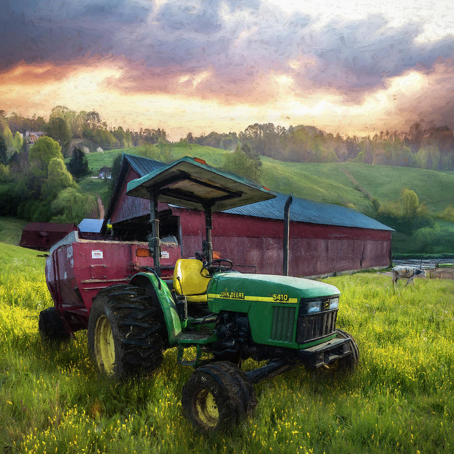 Tractor at the Farm in Wildflowers Painting Photograph by Debra and Dave Vanderlaan