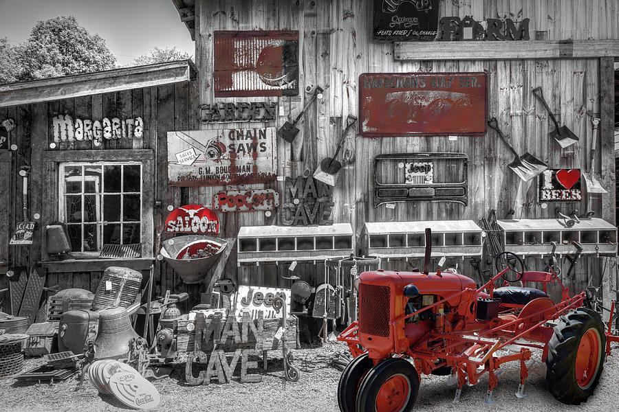 Tractor Collectibles Black and White and Red Photograph by Debra and Dave Vanderlaan