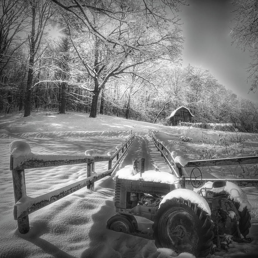 Tractor in the Snow in Black and White Photograph by Debra and Dave Vanderlaan