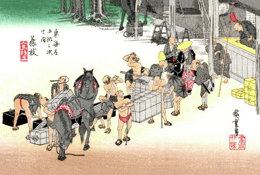 Hiroshige Digital Art - Traders with Their Goods by Long Shot