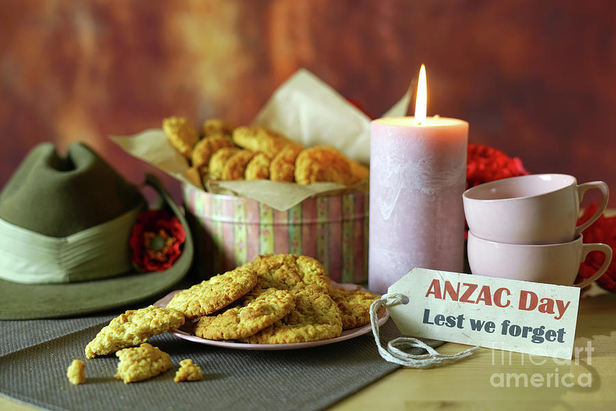 Traditional ANZAC biscuits in vintage setting with Australian Army Slouch Hat. Photograph by Milleflore Images