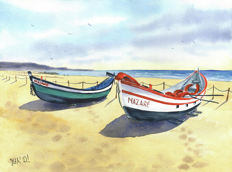 Traditional Boats in Nazare Portugal Painting by Dora Hathazi Mendes