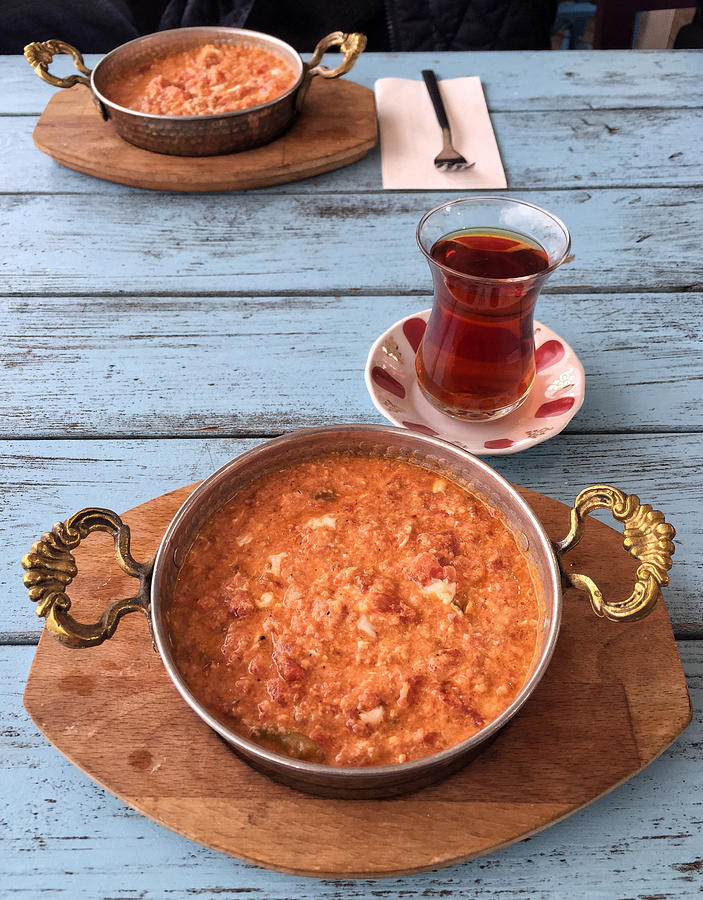 Traditional Breakfast With Omelet And Turkish Tea On Wooden Tabl Photograph by Bbbrrn