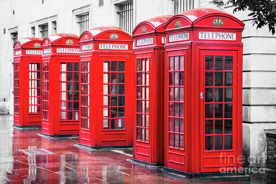 Traditional British red phone boxes in a row in Covent Garden, L Photograph by Jane Rix
