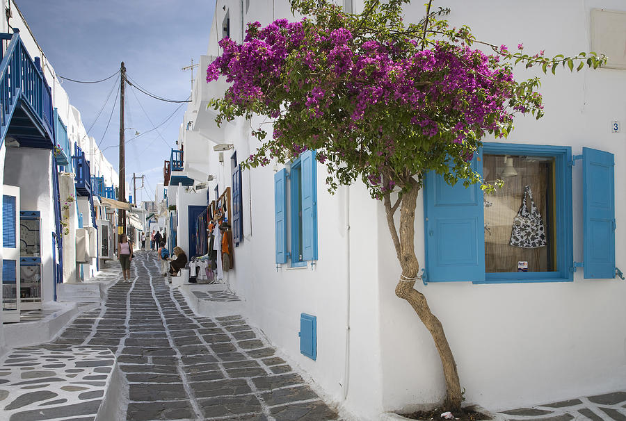 Traditional buildings on Mykonos street, Cyclades Islands, Greece Photograph by Ac Productions