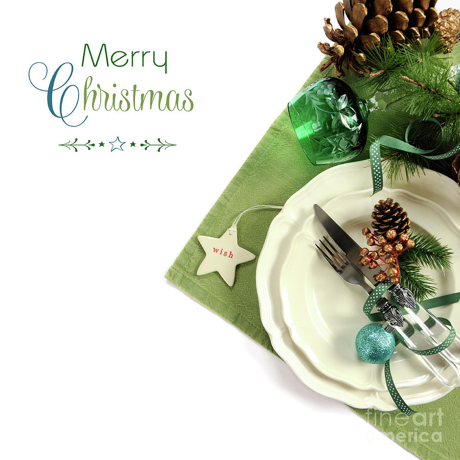 Christmas Photograph - Traditional Christmas holiday green theme table place setting by Milleflore Images