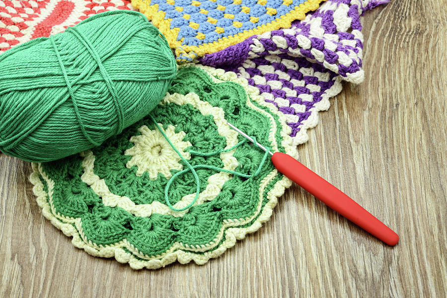 Traditional Crochet Oven Gloves Made Of Green And Beige Wool