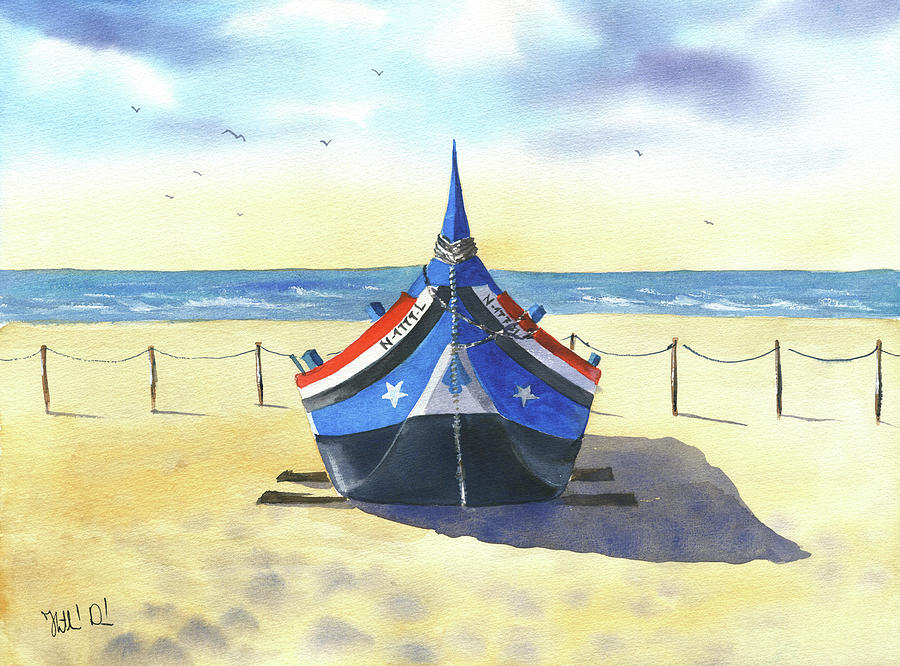 Traditional Fishing Boat in Nazare Portugal Painting by Dora Hathazi Mendes