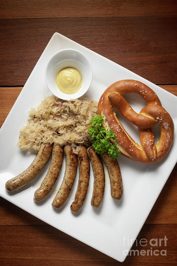 Traditional German Bavarian Meal Of Sausages With Sauerkraut And ...