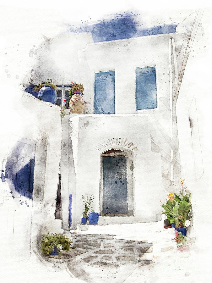 Traditional Greek village of whitewashed houses with blue windows and doors. Digital watercolour. Photograph by Jane Rix