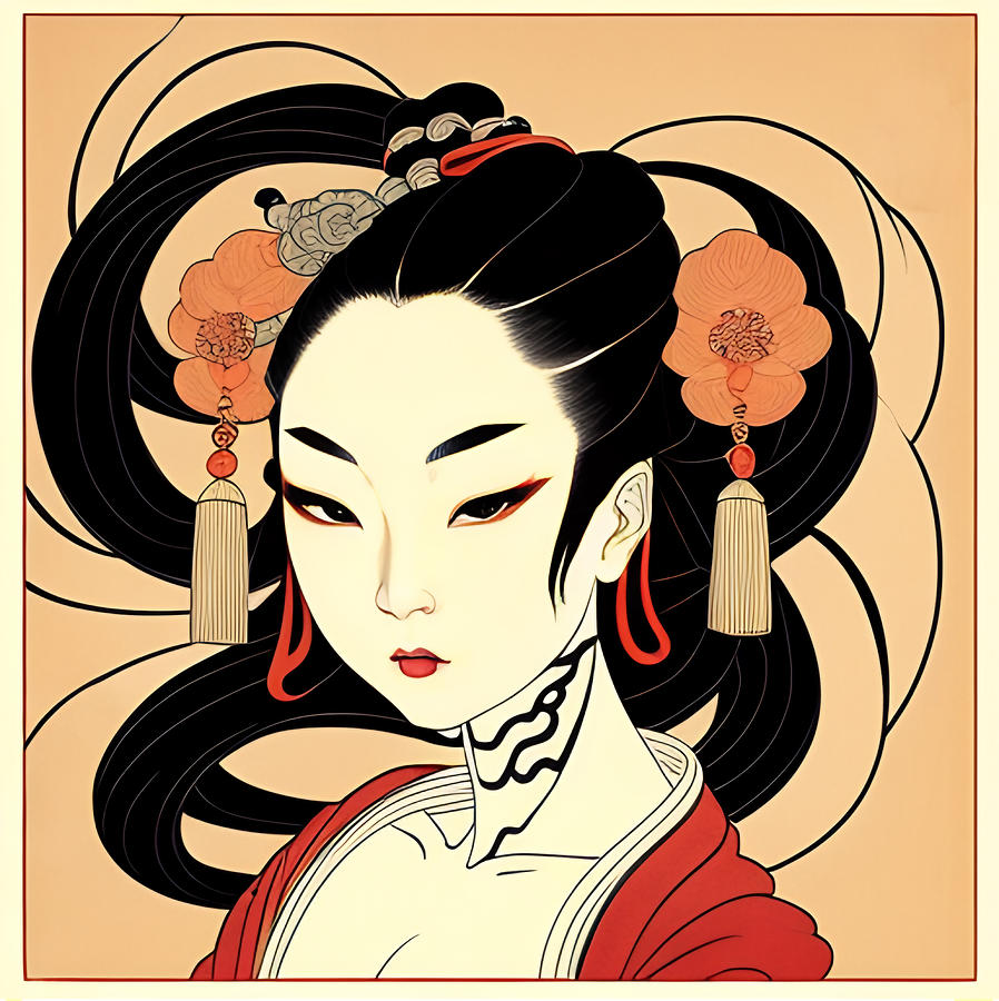 Traditional Japanese Geisha Portrait Anime Style Digital Art by Ellen ...