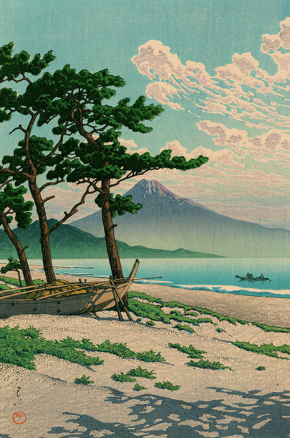 Vintage Painting - Traditional Japanese Woodblock Pine Beach at Miho by Antique Paper Print