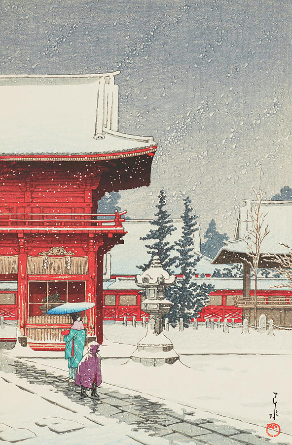 Traditional Japanese Woodblock Snow at Nezu-Gongen Shrine Painting by ...
