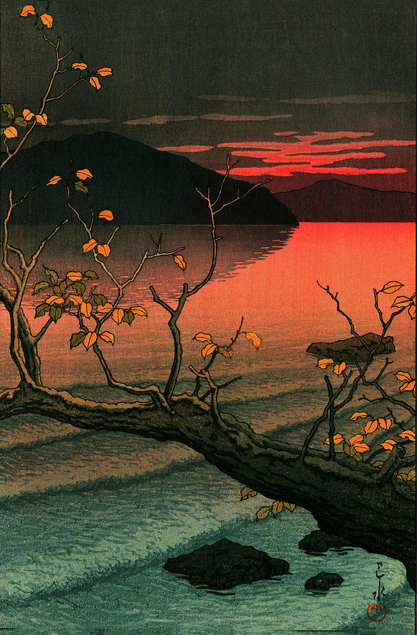 Traditional Japanese Woodblock Sunset at Nenokuchi Lake Painting by ...