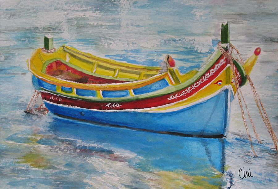 Traditional Maltese Fishing Boat Luzzu Painting By Lisa Cini