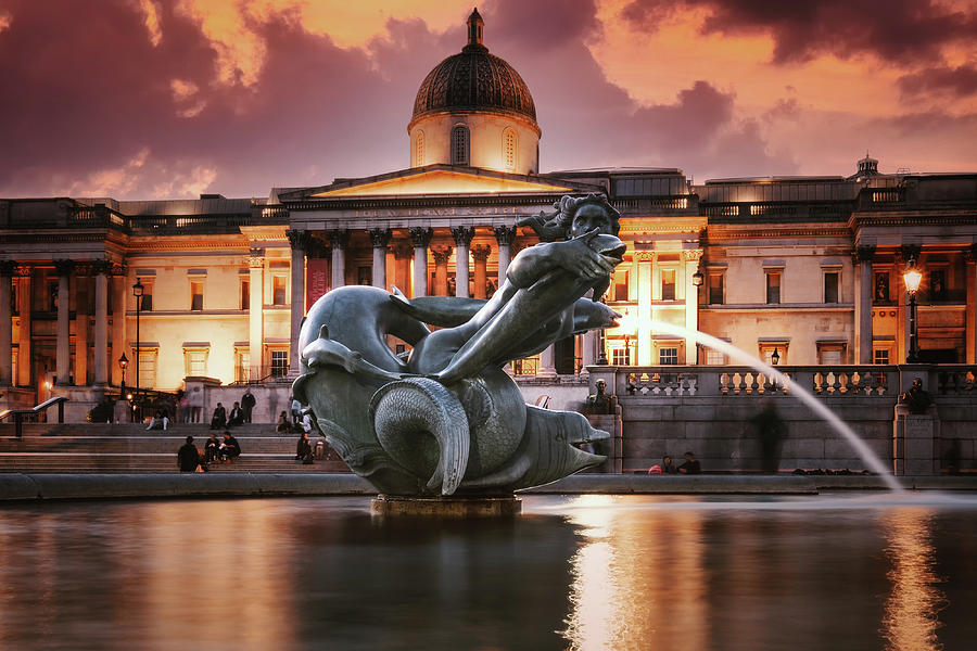 Trafalgar Square and the National Gallery in London illuminated  Photograph by Karel Miragaya