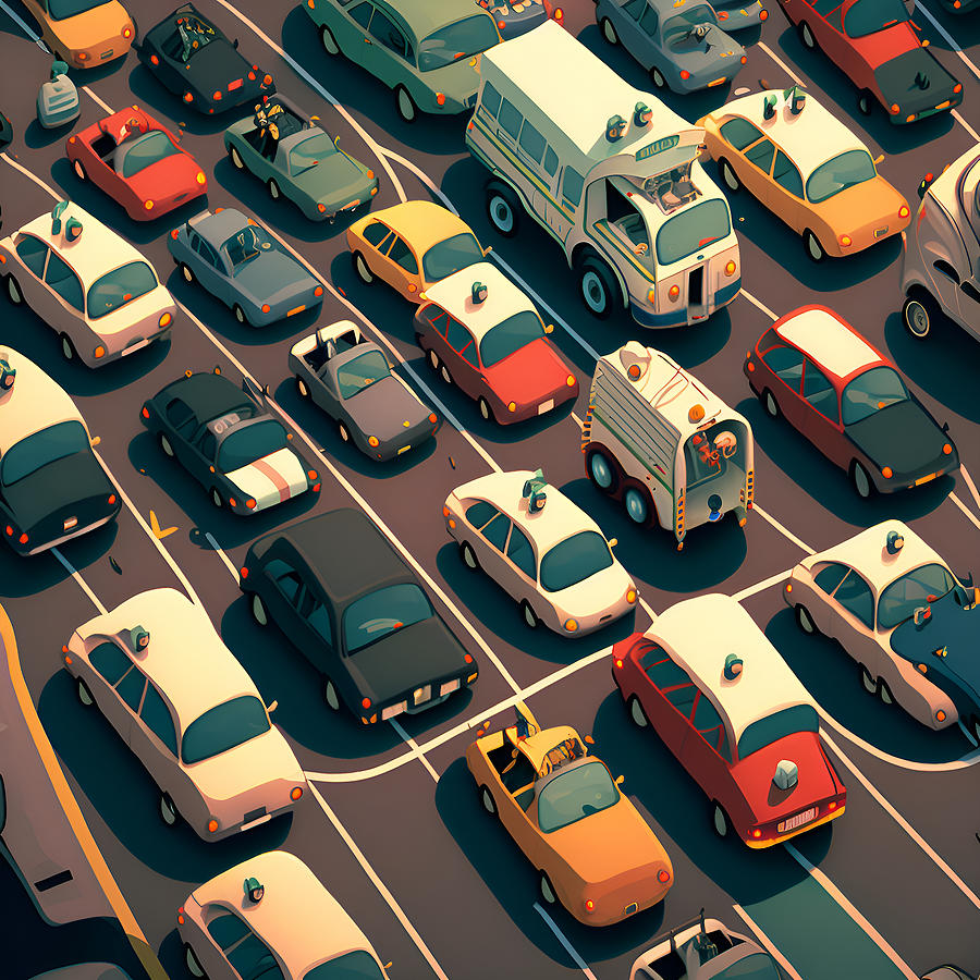 Traffic jam cartoon style Digital Art by OnionMarket - - Fine Art America