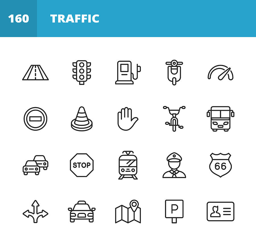 Traffic Line Icons. Editable Stroke. Pixel Perfect. For Mobile and Web. Contains such icons as Road, Traffic Light, Speedometer, Stop Sign, Traffic Cone, Car, Vehicle, Warning Sign, Map, Navigation, Taxi, Gas Station, Tram. Drawing by Rambo182