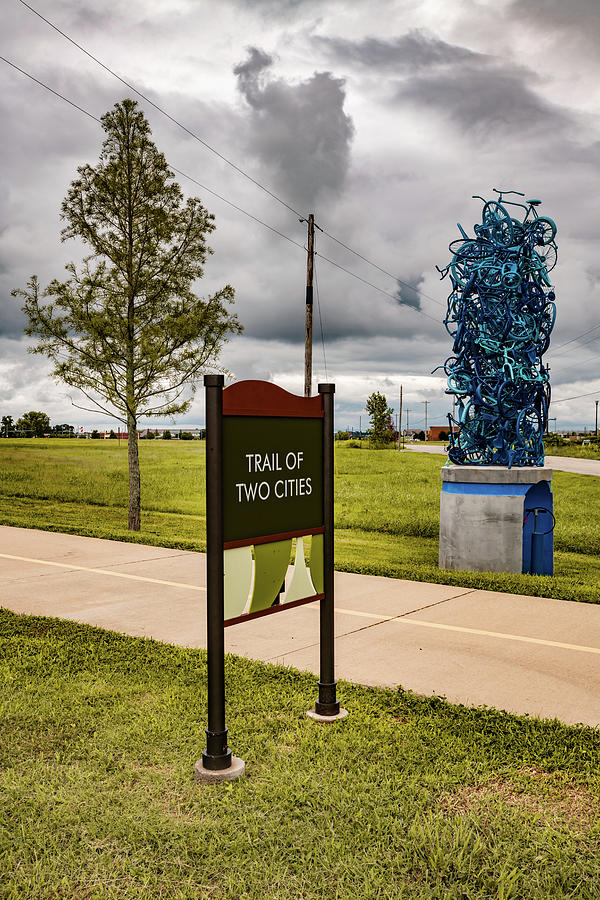 Northwest Arkansas Photograph - Trail of Two Cities and Blue Bike Sculptures - Northwest Arkansas Bike Trail by Gregory Ballos