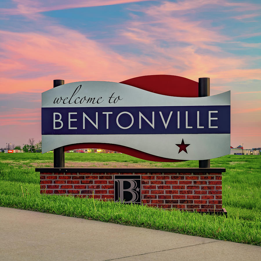 Trail of Two Cities Welcome to Bentonville Sign - Arkansas Razorback Greenway Photograph by Gregory Ballos