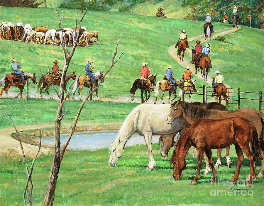 Horse Painting - Trail Ride Passing Horses and Cattle by Don Langeneckert