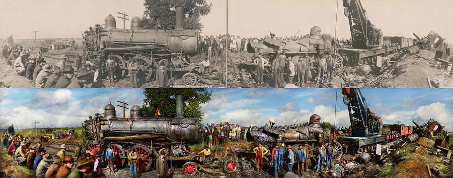 Train - Accident - Meeting head to head 1909 - Side by Side Photograph by Mike Savad