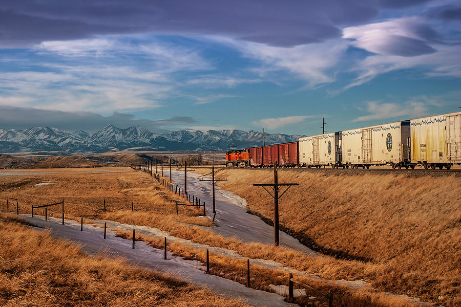 Train and Crazy Mountains at Big Timber, Montana Photograph by Mark Miller