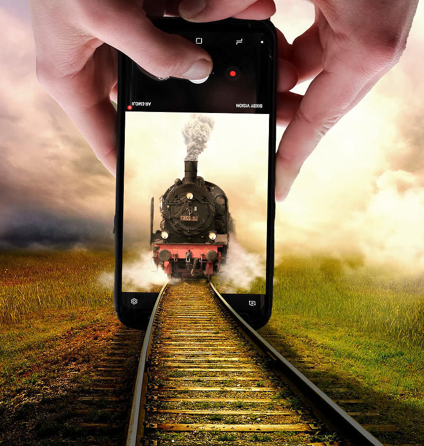 Train And Mobile Phone Surreal Digital Art